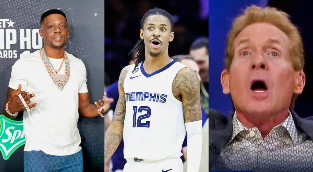 Boosie Badazz posing with a lot of jewelry on. Ja Morant in uniform while having a shocked face. Skip Bayless with a shocked face.