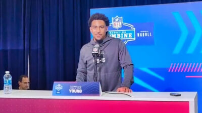 Bryce Young at podium at NFL combine