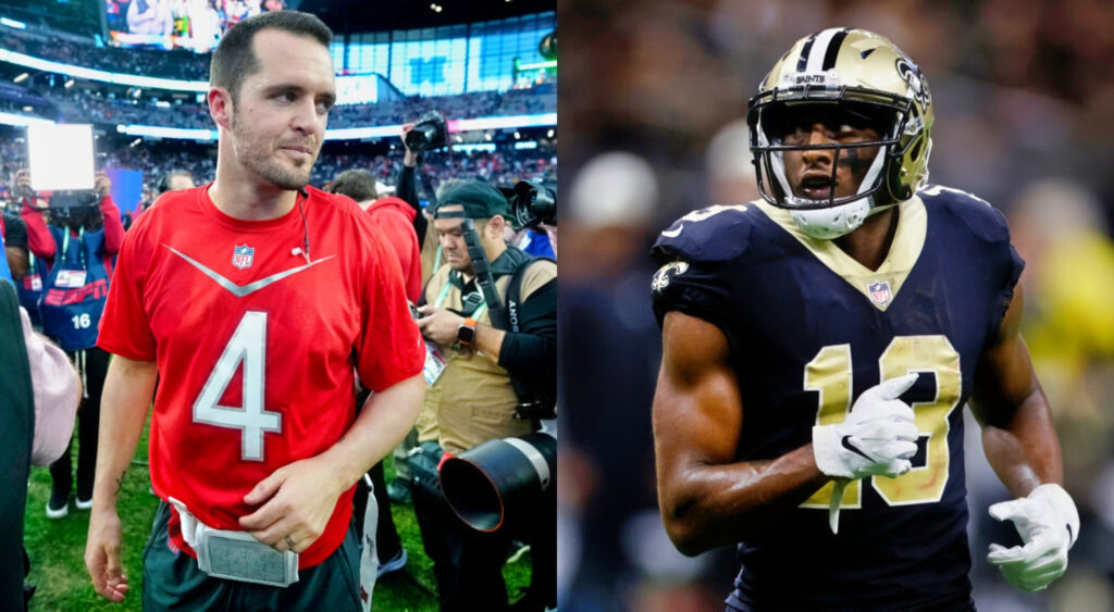Derek carr in his pro bowl jersey while Michael Thomas is in his Saints uniform