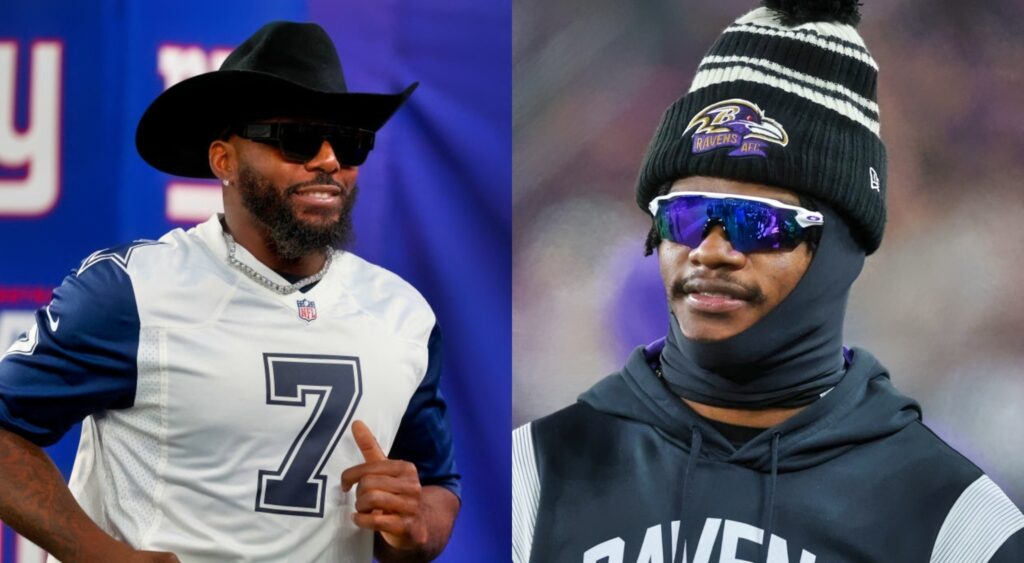 Dez bryant in Cowboys jersey and hat. Lamar Jackson wearing Ravens hoodie.
