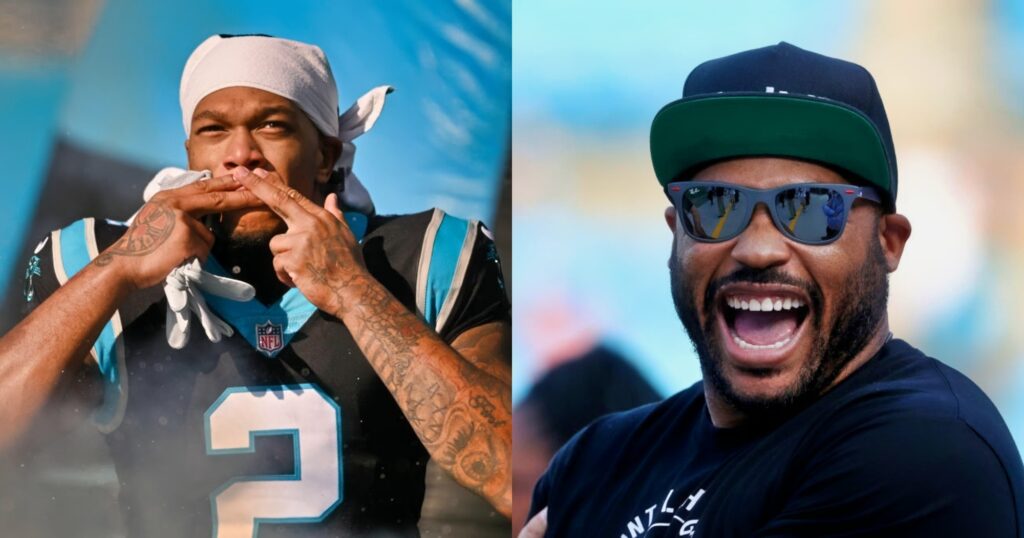 DJ Moore in uniform and fingers on his mouth. Steve Smith Sr. laughing