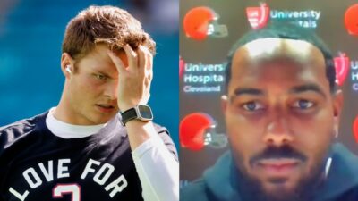 Zach Wilson touching hair looking stressed. Elija Moore during Browns interview