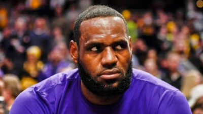 LeBron James with an angry look on his face