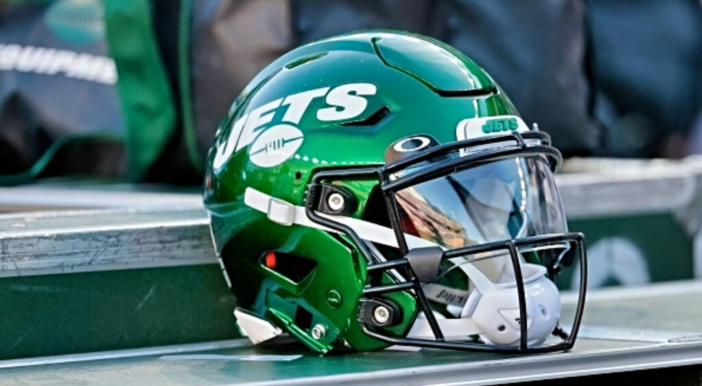 A New York Jets helmet shown at Gillette Stadium.