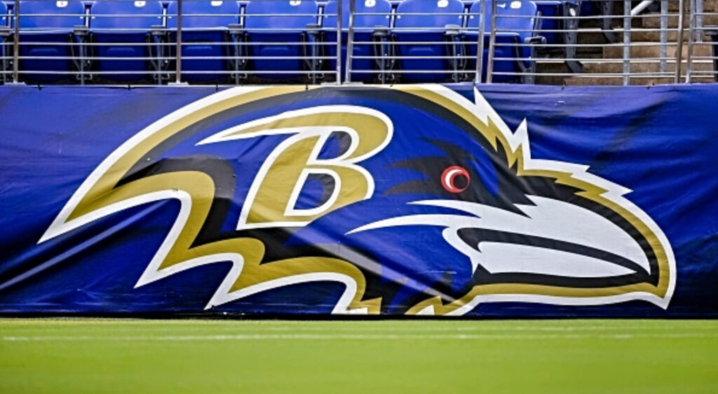 Baltimore Ravens logo on bleachers.