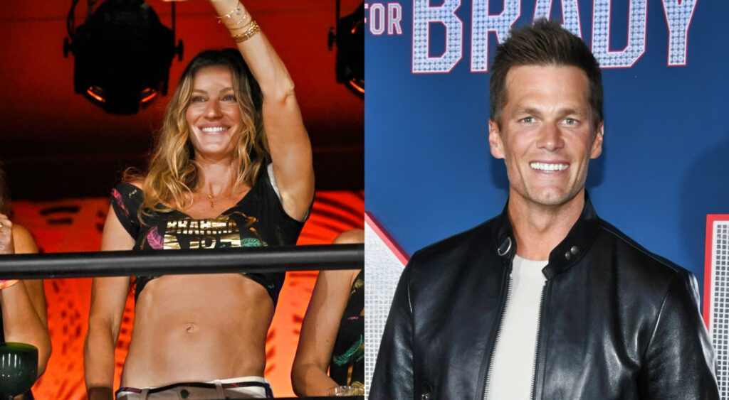 Gisele in halfshirt and waving while picture shows Tom Brady posing in black jacket