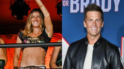Gisele in halfshirt and waving while picture shows Tom Brady posing in black jacket