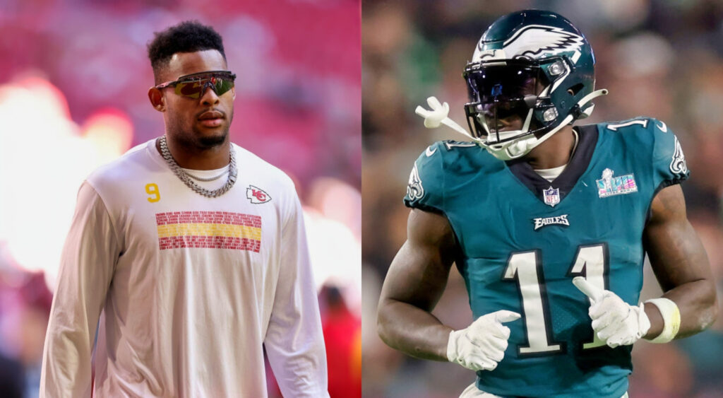 JuJu in chiefs shirt while picture shows AJ Brown in uniform for Eagles