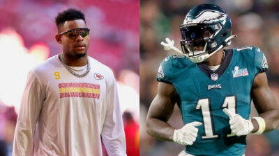 JuJu in chiefs shirt while picture shows AJ Brown in uniform for Eagles