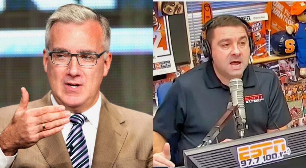 Keith Olbermann in a suit. Brent Axe sitting in front of mic