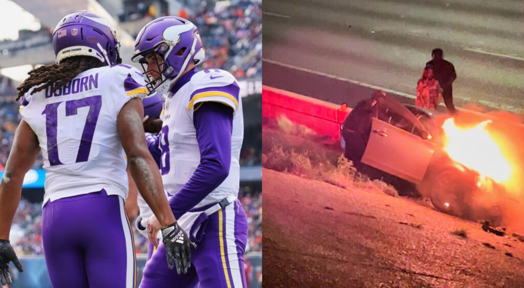 Kirk Cousins and KJ Osborn in uniform while picture shows people around burning car