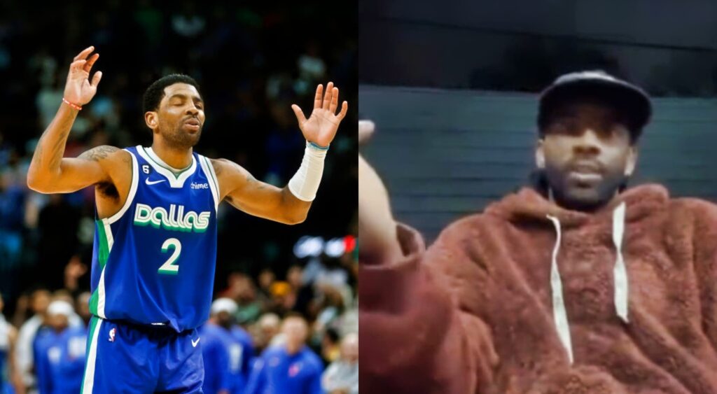 Kyrie Irving with his hands up in uniform. Irving in pajamas onesie
