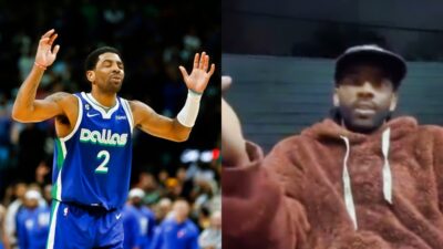 Kyrie Irving with his hands up in uniform. Irving in pajamas onesie