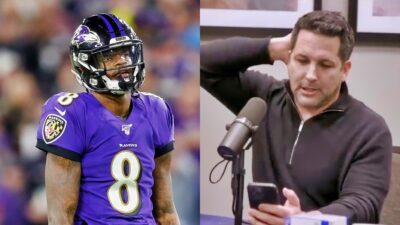 Photo of LamAr Jackson in Ravens gear and photo of Adam Schefter looking at his phone