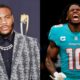 Micah Parsons in a suit. Tyreek Hill yelling in Dolphins uniform