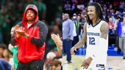 Paul Pierce on sidelines with hoodie and clapping. Picture shows Ja Morant clapping