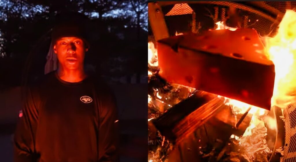 Sauce Gardner in hoodie. Cheesehead in a pit of fire.