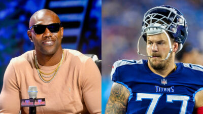 Terrell Owens smiling and holding mic while picture shows Taylor Lewan with helmet on head