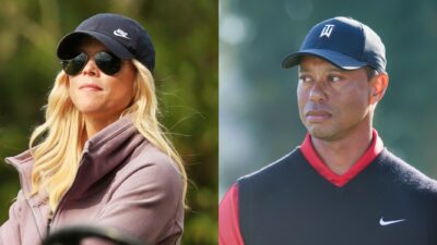Elin Nordegren wearing nike hat. Tiger Woods in golf gear looking upset