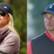 Elin Nordegren wearing nike hat. Tiger Woods in golf gear looking upset