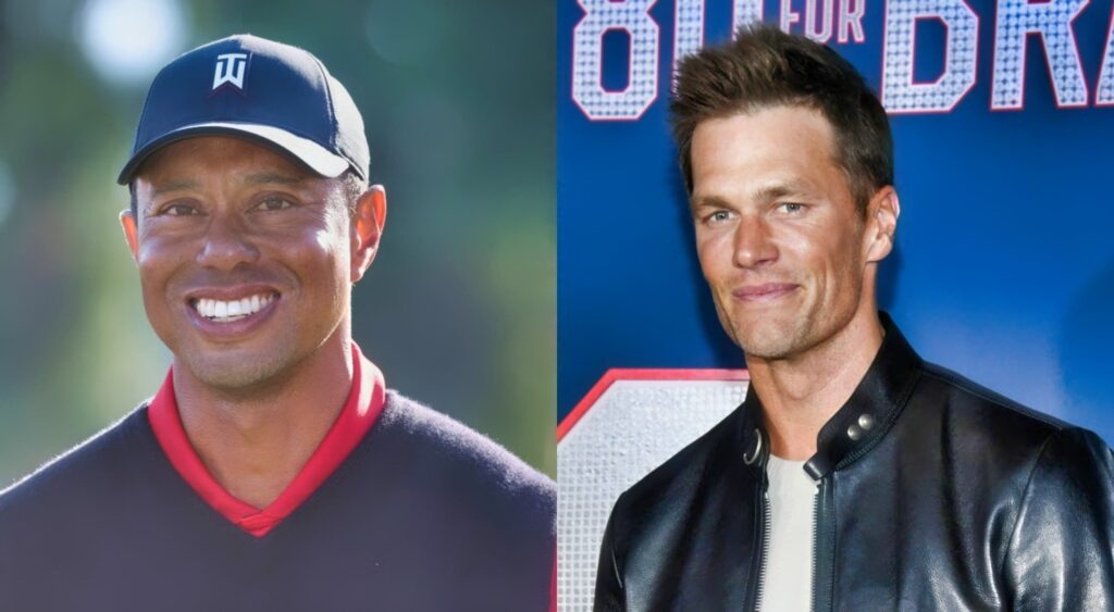 Tiger Woods smiling. Tom Brady posing and smiling.