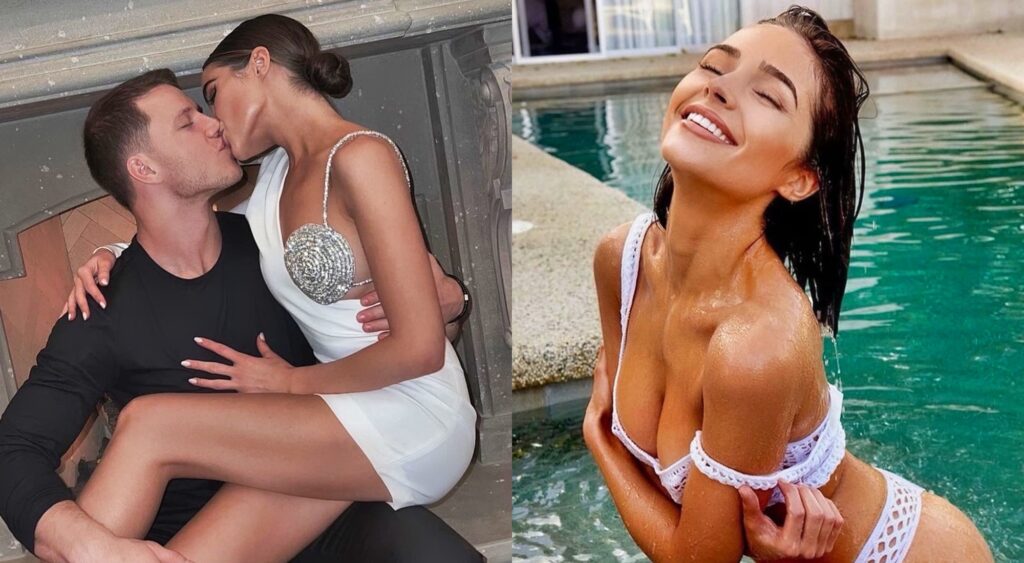 Split image if Olivia Culpo sitting on Christian McCaffrey’s lap and Culpo in the pool.