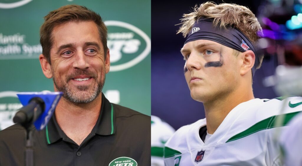 Split image of Aaron Rodgers at his Jets press conference and Zach Wilson with his helmet off during a game.