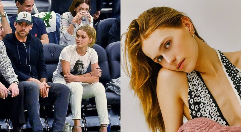 Photo of Aaron Rodgers and Mallory Edens sitting courtside at NBA game and photo of Mallory Edens close-up pose
