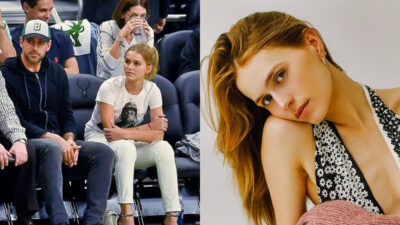 Photo of Aaron Rodgers and Mallory Edens sitting courtside at NBA game and photo of Mallory Edens close-up pose