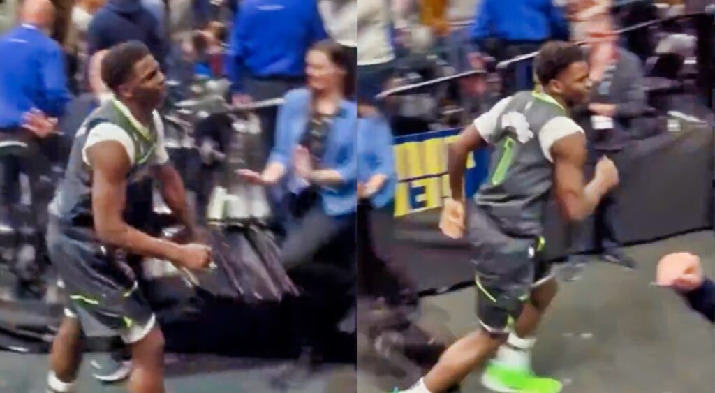 Split image of Anthony Edwards throwing a chair after game.