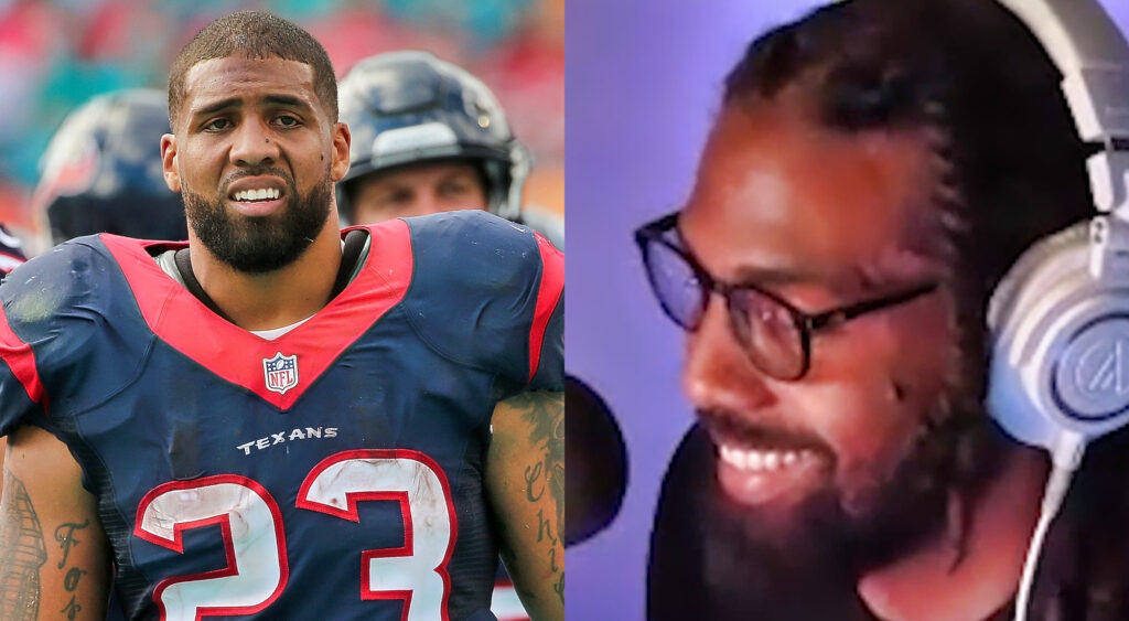 Photo of Arian Foster in Texans uniform and photo of Arian Foster speaking on podcast