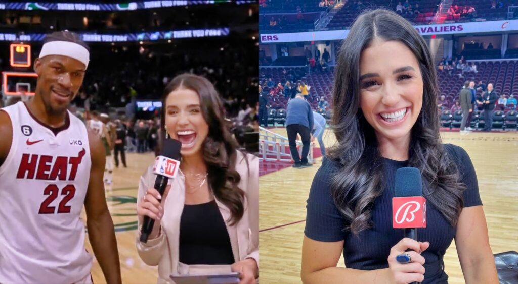 Split image of Ashley ShahAhmadi interviewing Jimmy Butler and Ashley ShahAhmadi posing with the mic.