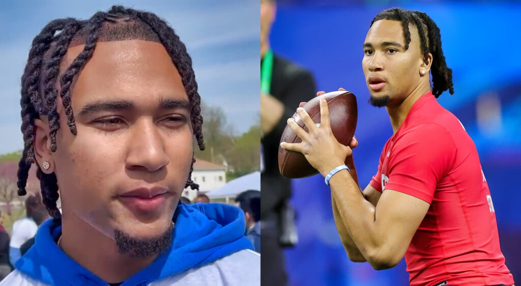 Photo of C.J. Stroud being interviewed and photo of C.J. Stroud throwing football at the combine