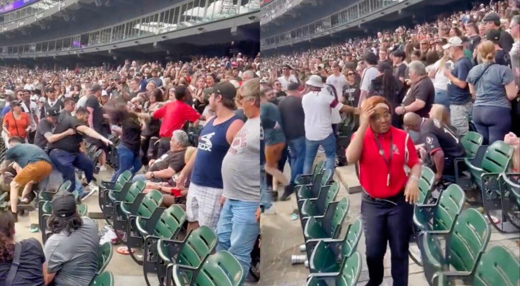 A split image of a brawl between White Sox fans.