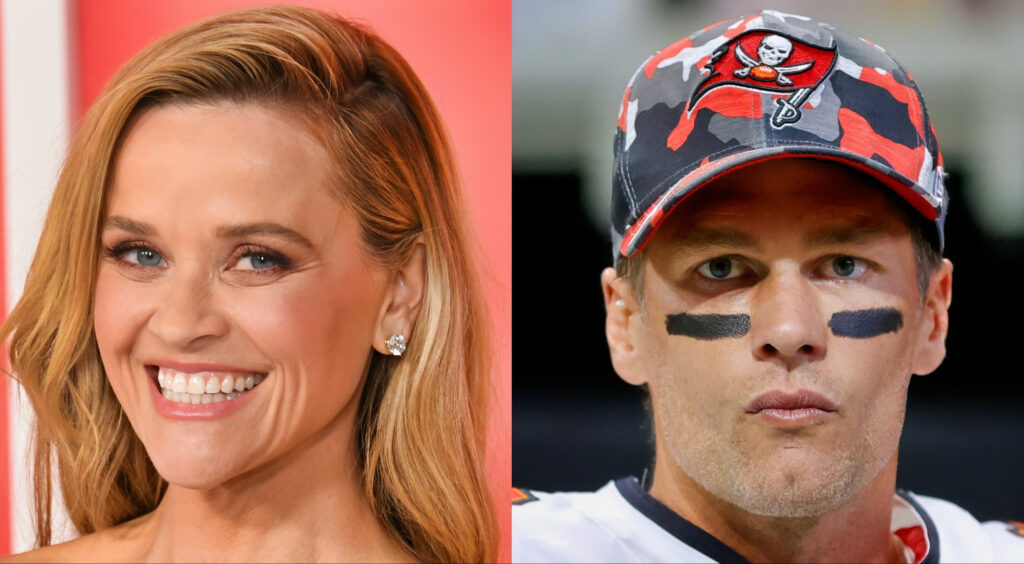 Actress Reese Witherspoon smiling for photo (left). Quarterback Tom Brady looking on (right).