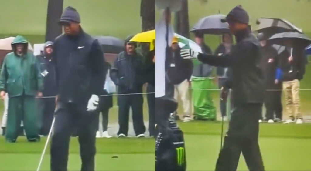 Tiger Woods walking after hitting a shot at the Masters (left). Woods reaching for umbrella (right).