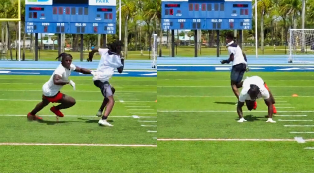 Miami Dolphins' wide receiver Tyreek Hill covering participant at his football camp (left). Hill falling down on route (right).