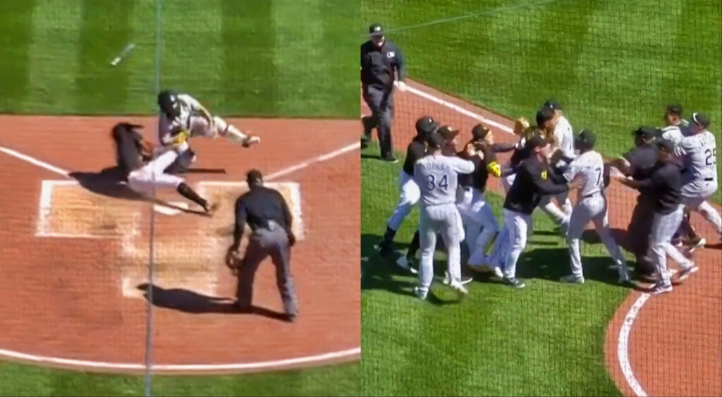 Pittsburgh Pirates' star Oneil Cruz sliding at home plate (left). A bench clearing brawl between Pirates and White the Chicago White Sox (right).