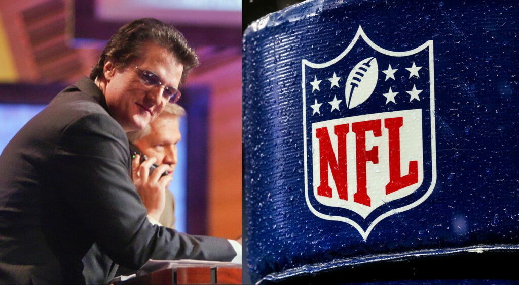 ESPN NFL analyst Mel Kiper (left). NFL logo shown on goalpost (right).