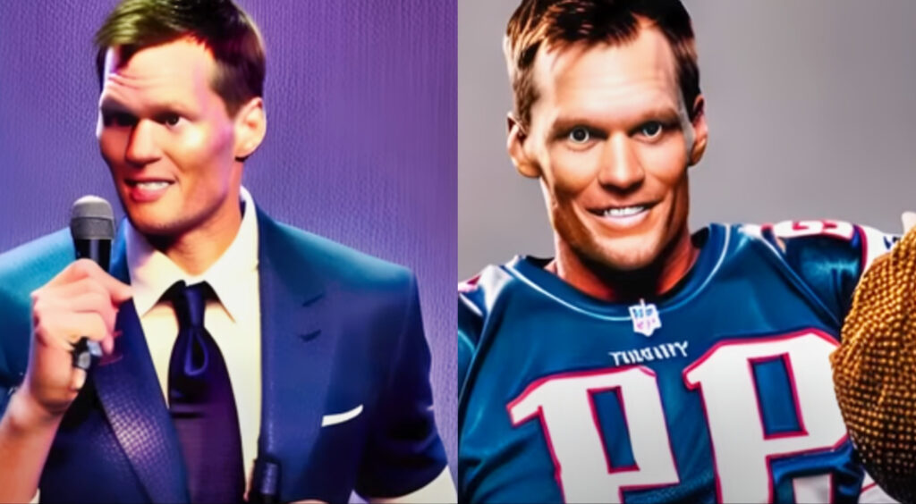 AI image of retired NFL quarterback Tom Brady performing stand up (left). Brady smiling at camera (right).
