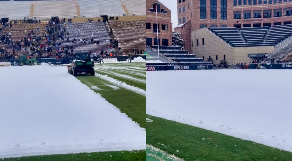 University of Colorado workers plowing away snow (left) ahead of spring game. Shot of stadium now (right).