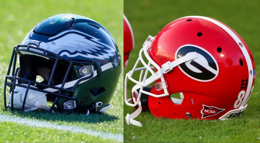Philadelphia Eagles helmet shown lying down (left). Georgia Bulldogs helmet (right).