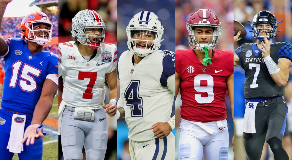 A split image of (from left to right) Anthony Richardson, CJ Stroud, Dak Prescott, Bryce Young and Will Levis.