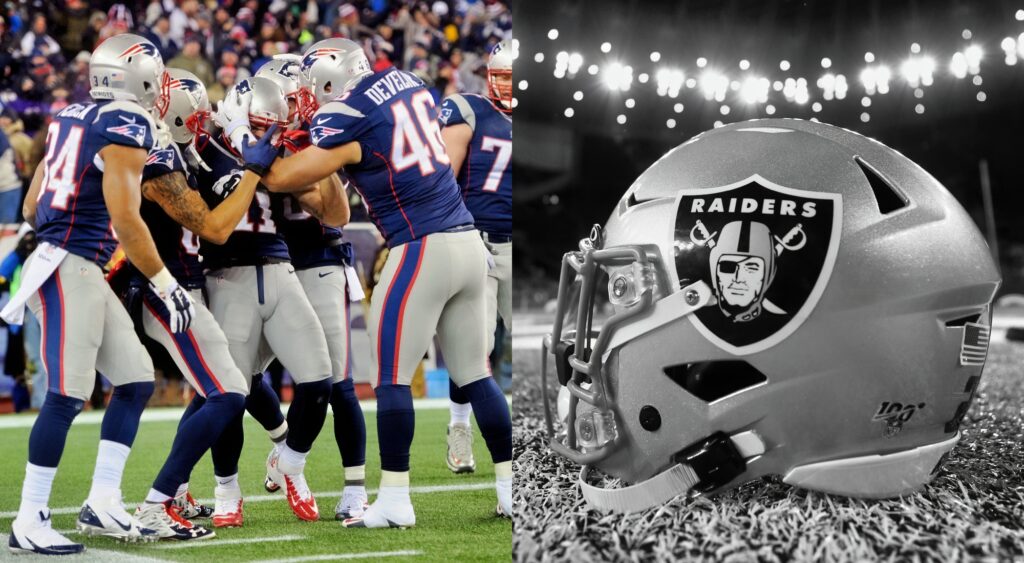 Split image of Patriots players celebrating with Danny Amendola and a Raiders helmet.