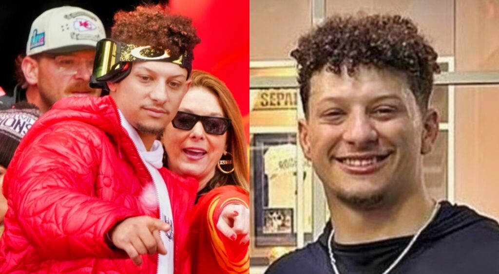 Split image of Patrick Mahomes pointing and Mahomes posing for the camera.
