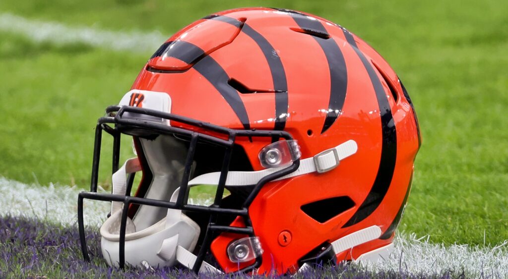 A Cincinnati Bengals helmet on the field.