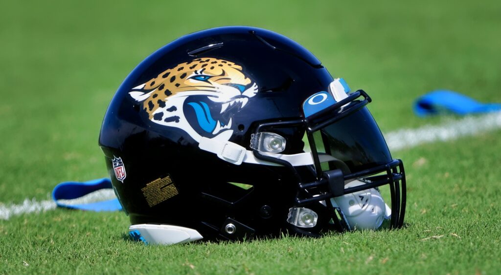 A Jacksonville Jaguars helmet on the field.