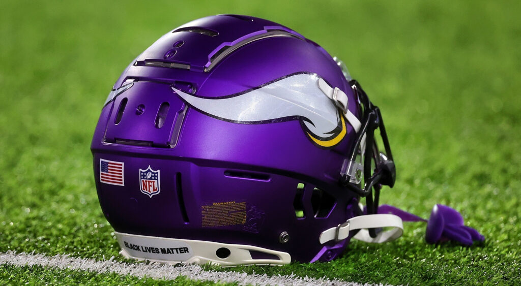Minnesota Vikings' helmet shown on field at U.S. Bank Stadium.