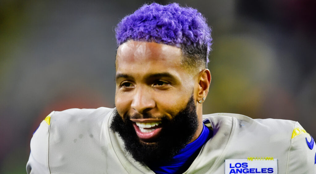 Los Angeles Rams' wide receiver Odell Beckham Jr. smiling after 2021 game.