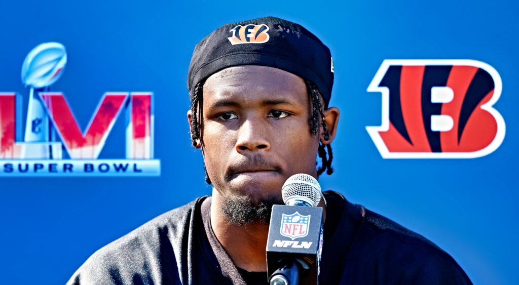 Tee Higgins with microphone in front of him